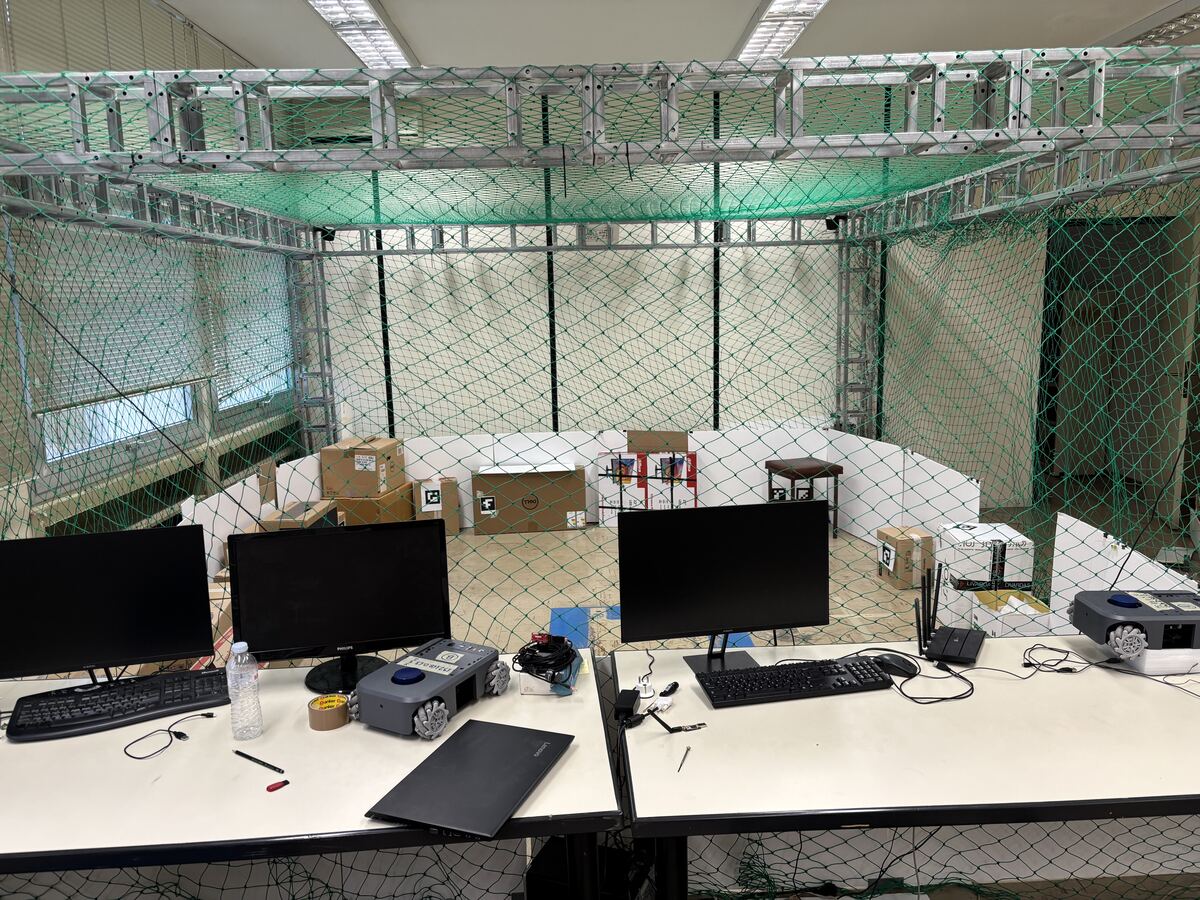 Drone testing cage with control workstations