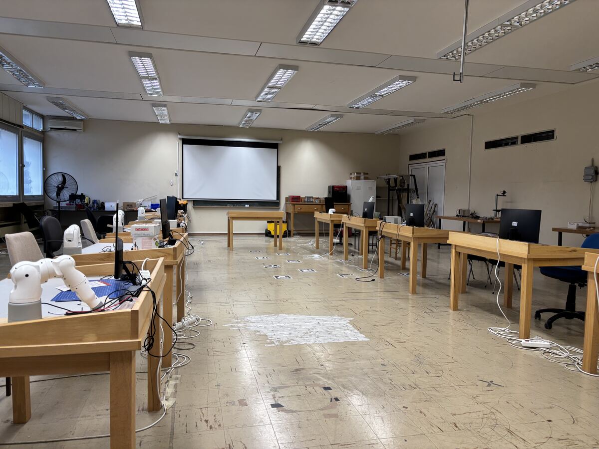 Robotics laboratory workspace with work tables